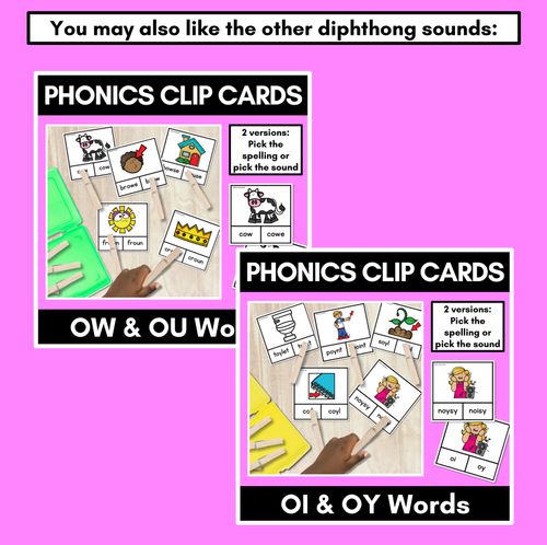 Resource preview 4 for Diphthong Clip Cards OW OU WORDS - Diphthongs Phonics Task Cards