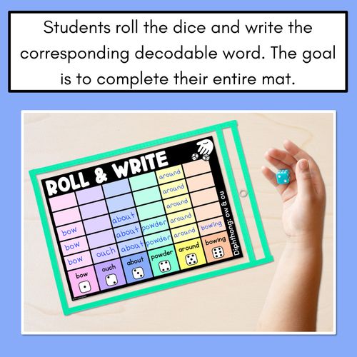 Resource preview 4 for ROLL & WRITE PHONICS ACTIVITY MATS - DIPHTHONG OU OW Words