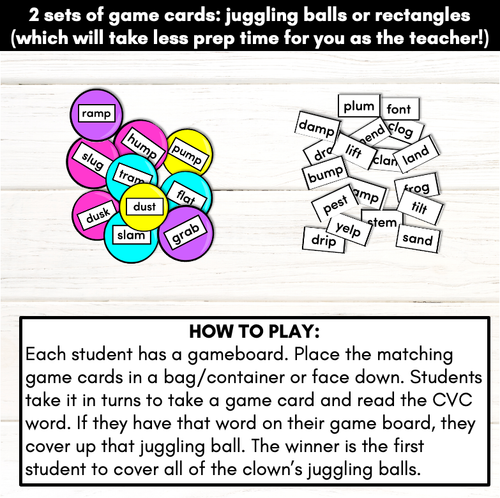 Resource preview 2 for CVCC CCVC CCVCC Words Phonics Game - CLOWN TOSS Literacy Center for Kindergarten