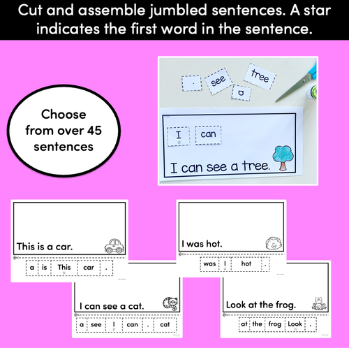 Resource preview 2 for Kindergarten Sentence Worksheets - Set 2 READ, CUT, UNJUMBLE, PASTE - Print & Go