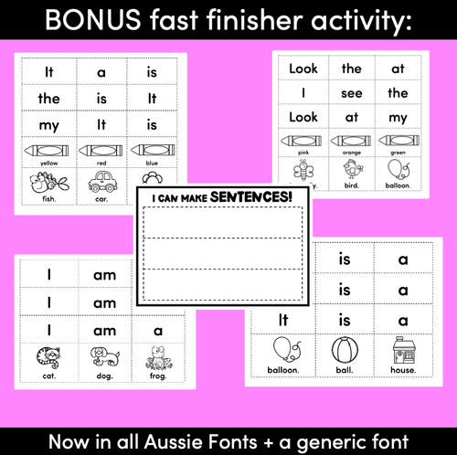 Resource preview 4 for Kindergarten Sentence Worksheets - Set 2 READ, CUT, UNJUMBLE, PASTE - Print & Go