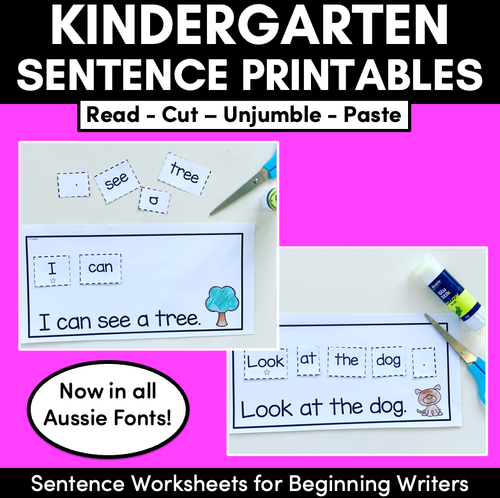 Resource preview 1 for Kindergarten Sentence Worksheets - Set 2 READ, CUT, UNJUMBLE, PASTE - Print & Go