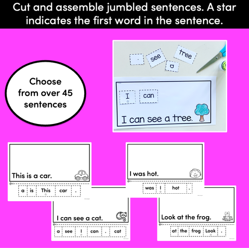 Resource preview 2 for Kindergarten Sentence Worksheets - Set 2 READ, CUT, UNJUMBLE, PASTE - Print & Go