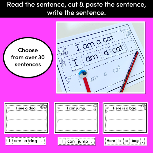 Resource preview 2 for Kindergarten Sentence Worksheets - Set 1 READ, CUT, PASTE, WRITE - Print & Go