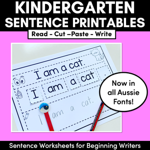 Kindergarten Sentence Worksheets - Set 1 READ, CUT, PASTE, WRITE - Print & Go