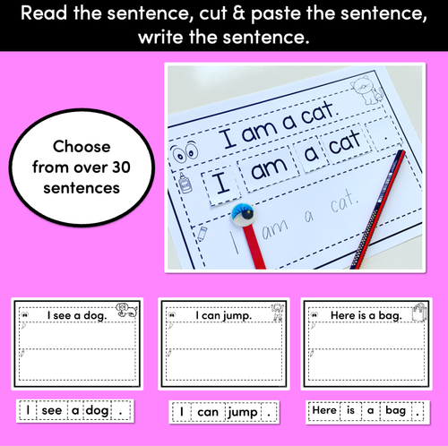 Resource preview 2 for Kindergarten Sentence Worksheets - Set 1 READ, CUT, PASTE, WRITE - Print & Go