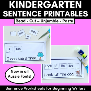 Kindergarten Sentence Worksheets - Set 2 READ, CUT, UNJUMBLE, PASTE - Print & Go