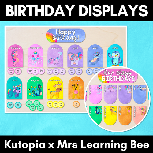 Resource preview 1 for Classroom Birthdays Display - The Kutopia Collection - Watercolour Rainbow Critters