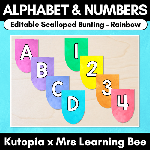 Resource preview 1 for Editable Scalloped Bunting - Alphabet & Numbers - The Kutopia Collection - Rainbow Watercolour