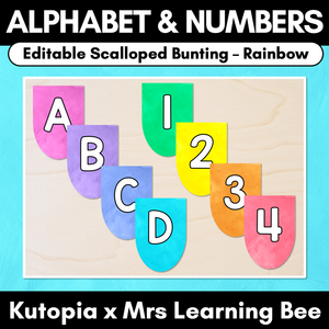 Editable Scalloped Bunting - Alphabet & Numbers - The Kutopia Collection - Rainbow Watercolour