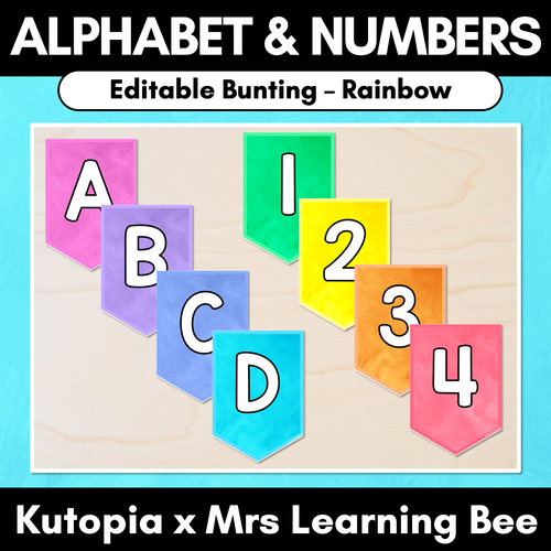 Resource preview 1 for Editable Bunting - Alphabet & Numbers - The Kutopia Collection - Rainbow Watercolour