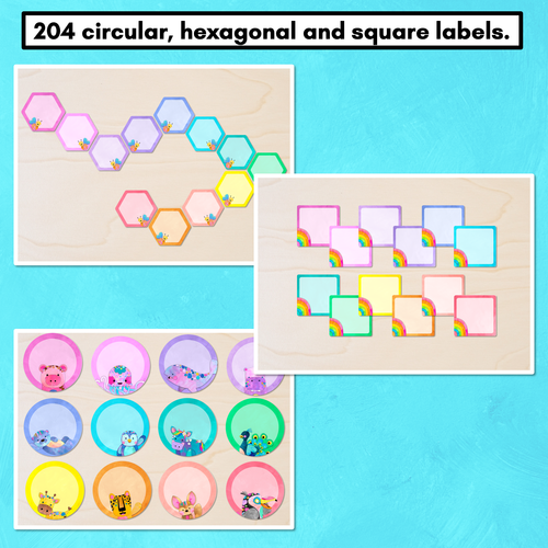 Resource preview 3 for Editable Labels - Circles, Hexagons & Squares - Watercolour Rainbow Classroom Decor - The Kutopia Collection