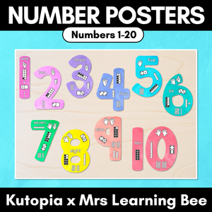 Numbers 1-20 Display with ten frames, base ten blocks, tallies & fingers - The Kutopia Collection