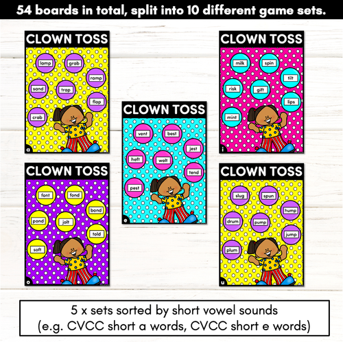 Resource preview 3 for CVCC CCVC CCVCC Words Phonics Game - CLOWN TOSS Literacy Center for Kindergarten