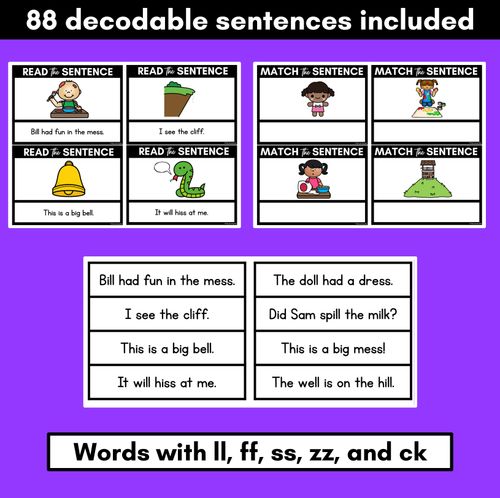 Resource preview 3 for LL SS FF ZZ CK Decodable Sentences - Read and Match
