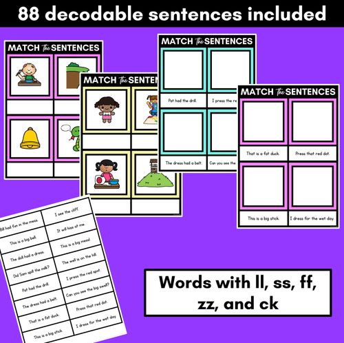 Resource preview 2 for LL SS FF ZZ CK Decodable Sentences Mats - Read & Match