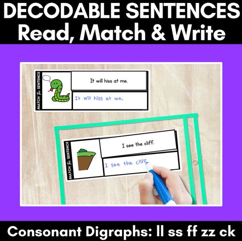 Resource preview 1 for LL SS FF ZZ CK Decodable Sentences - Read, Match & Write