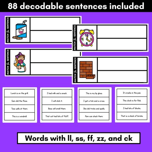 Resource preview 2 for LL SS FF ZZ CK Decodable Sentences - Read, Match & Write