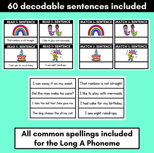 Resource preview 3 for Long Vowel A Decodable Sentences FREEBIE - Read and Match