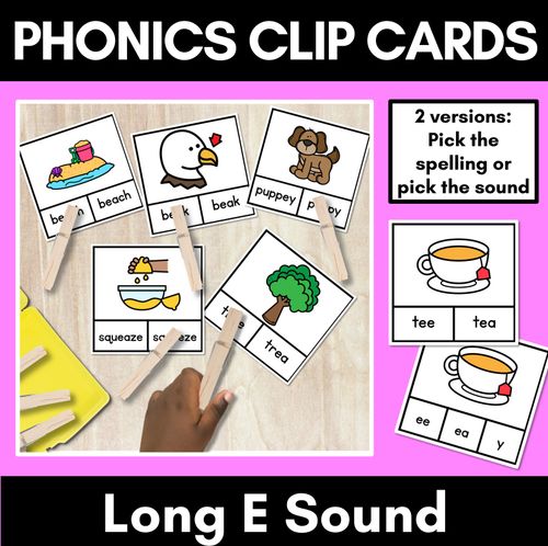 Resource preview 1 for Long Vowel E Phonics Clip Cards - Decodable Word Vowel Team Games