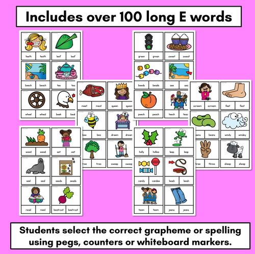 Resource preview 2 for Long Vowel E Phonics Clip Cards - Decodable Word Vowel Team Games