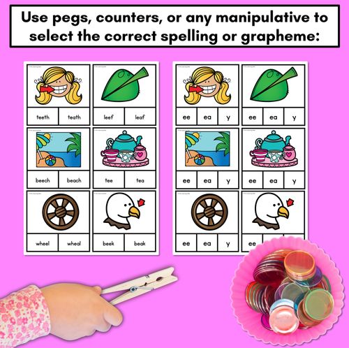 Resource preview 3 for Long Vowel E Phonics Clip Cards - Decodable Word Vowel Team Games