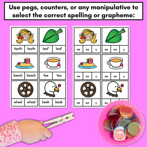 Resource preview 3 for Long Vowel E Phonics Clip Cards - Decodable Word Vowel Team Games