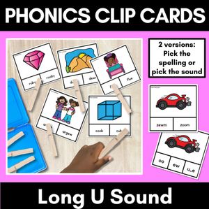 Long Vowel U Phonics Clip Cards - Decodable Word Vowel Team Games