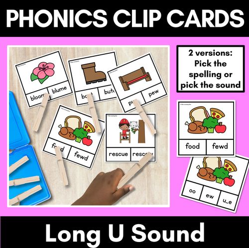 Resource preview 1 for Long Vowel U Phonics Clip Cards - Decodable Word Vowel Team Games