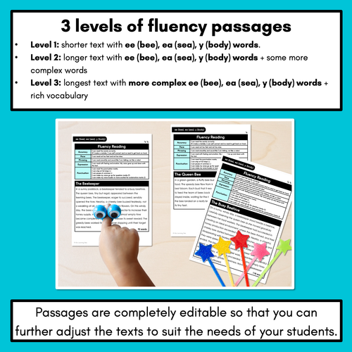 Resource preview 2 for Editable Differentiated Decodable Fluency Texts - ee (bee), ea (sea), y (body)