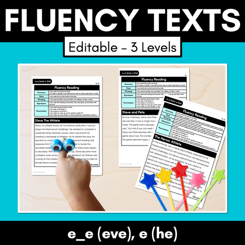 Resource preview 1 for Editable Differentiated Decodable Fluency Texts - e_e (eve), e (he)