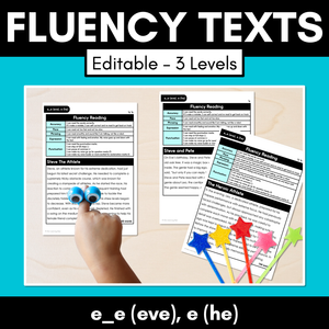 Editable Differentiated Decodable Fluency Texts - e_e (eve), e (he)