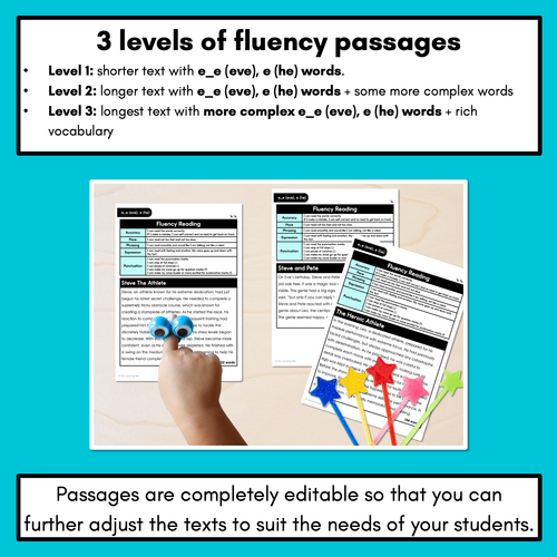 Resource preview 2 for Editable Differentiated Decodable Fluency Texts - e_e (eve), e (he)