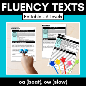 Editable Differentiated Decodable Fluency Texts - oa (boat), ow (slow)