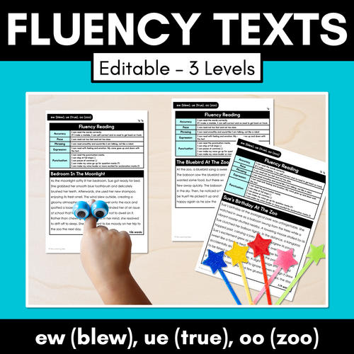 Resource preview 1 for Editable Differentiated Decodable Fluency Texts - ew (blew), ue (true), oo (zoo)