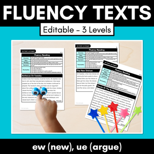 Editable Differentiated Decodable Fluency Texts - ew (new), ue (argue)