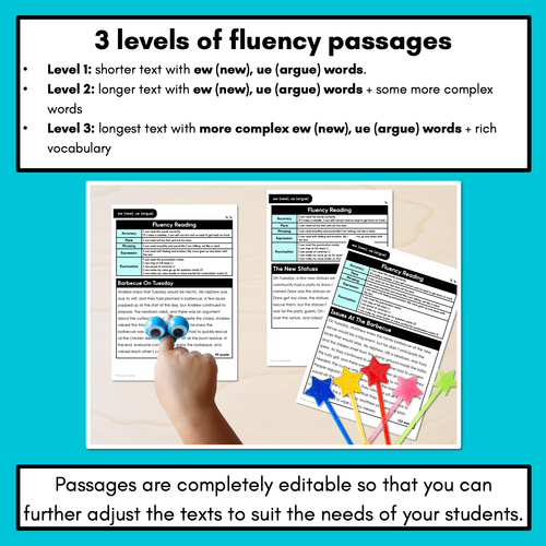 Resource preview 2 for Editable Differentiated Decodable Fluency Texts - ew (new), ue (argue)