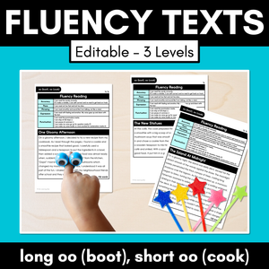 Editable Differentiated Decodable Fluency Texts - long oo (boot), short oo (cook)