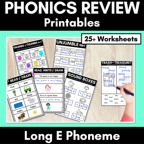 Resource preview 1 for Long Vowel E Worksheets - PHONICS REVIEW for Long Vowel Sounds