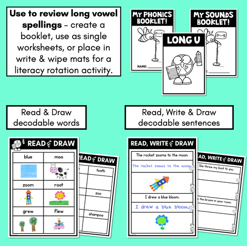 Resource preview 2 for Long Vowel U Worksheets - PHONICS REVIEW for Long Vowel Sounds