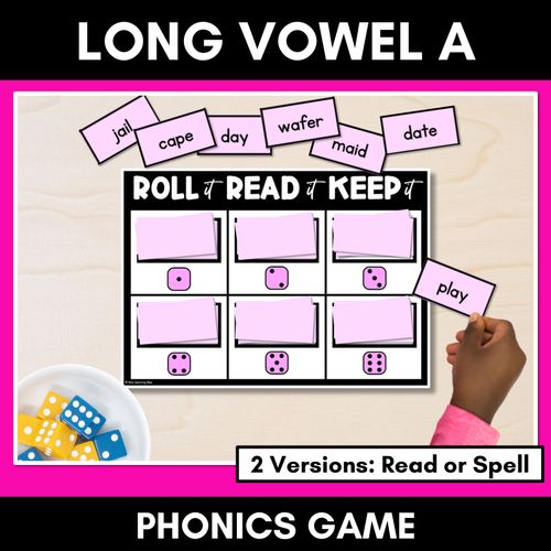 Resource preview 1 for LONG VOWEL PHONEME A PHONICS GAME - Roll It, Read It or Spell It, Keep It