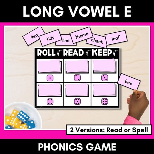 Resource preview 1 for LONG VOWEL PHONEME E PHONICS GAME - Roll It, Read It or Spell It, Keep It