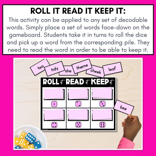 Resource preview 2 for LONG VOWEL PHONEME E PHONICS GAME - Roll It, Read It or Spell It, Keep It