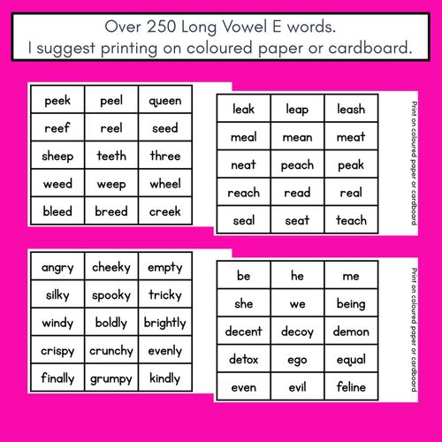 Resource preview 4 for LONG VOWEL PHONEME E PHONICS GAME - Roll It, Read It or Spell It, Keep It