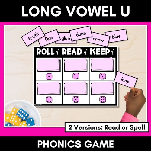 Resource preview 1 for LONG VOWEL PHONEME U PHONICS GAME - Roll It, Read It or Spell It, Keep It