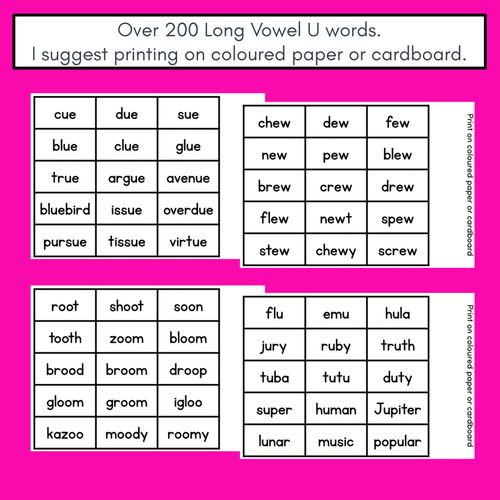 Resource preview 4 for LONG VOWEL PHONEME U PHONICS GAME - Roll It, Read It or Spell It, Keep It