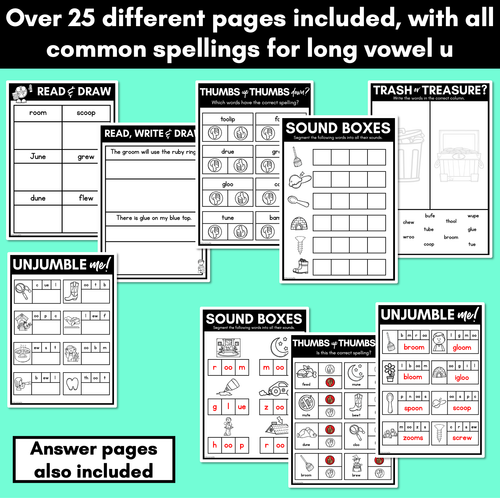 Resource preview 3 for Long Vowel U Worksheets - PHONICS REVIEW for Long Vowel Sounds