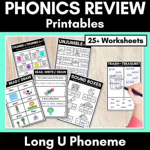 Resource preview 1 for Long Vowel U Worksheets - PHONICS REVIEW for Long Vowel Sounds