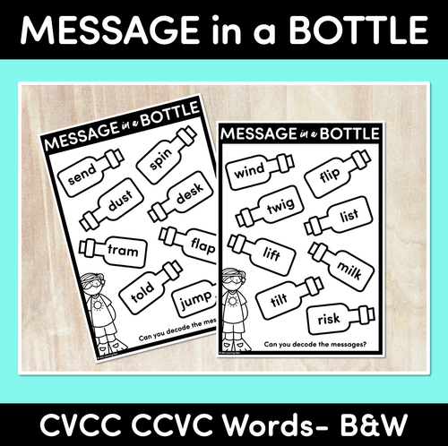 Resource preview 1 for Message in a Bottle - CVCC CCVC Words Black & White