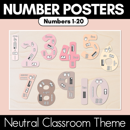 Resource preview 1 for Numbers 1-20 Display with ten frames, base ten blocks, tallies & fingers - Neutral Classroom Decor